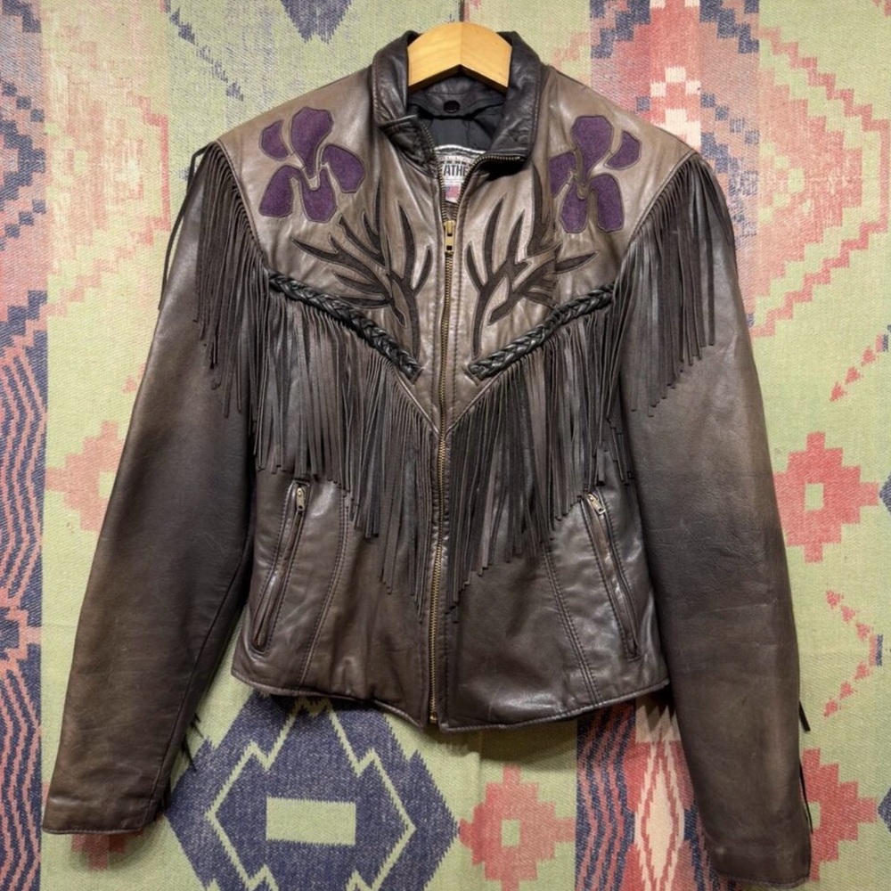 Women's Black Leather Fringe Jacket with Purple Appliqué